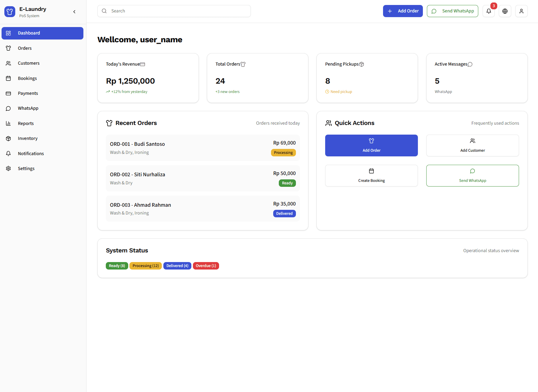 E-Laundry – POS & Booking Management Platform with WhatsApp Integration